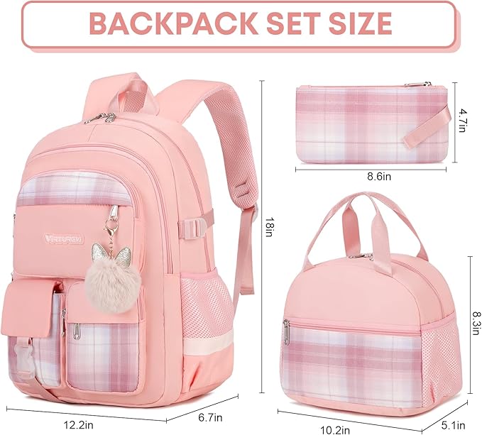 3PCS School Backpack For Student Women College Middle High Teen Girls Bookbag Waterproof Laptop Bag Plaid Pink