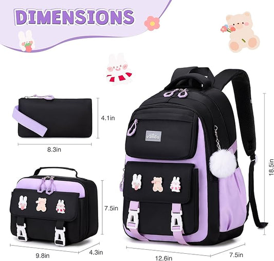 3PCS Girls Backpack for School, Kids Backpack for Girls with Lunch Box Pencil Case Set for Teen Girl Elementary Primary Middle High College School Bookbag with Cute Pins (Black-Purple)