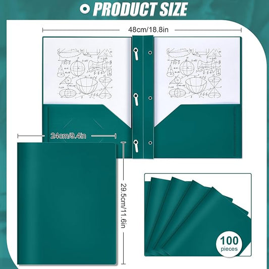 Lincia 100 Pcs Plastic Folders with Pockets and Prong Folders with Prongs 2 Pockets for Office, School for Students, Teachers, Office Workers(Dark Green)