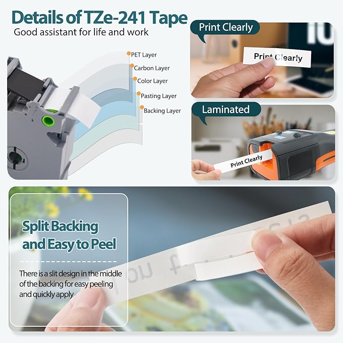TZe-241 Label Tape 18mm Replacement for Brother P Touch TZe 18mm 0.7 Laminated White TZe241 Label Maker Tape Work for Brother PTD600 PTD400AD PT-P710BT, 3/4 Inch 26.2 Feet(8m), 4-Pack