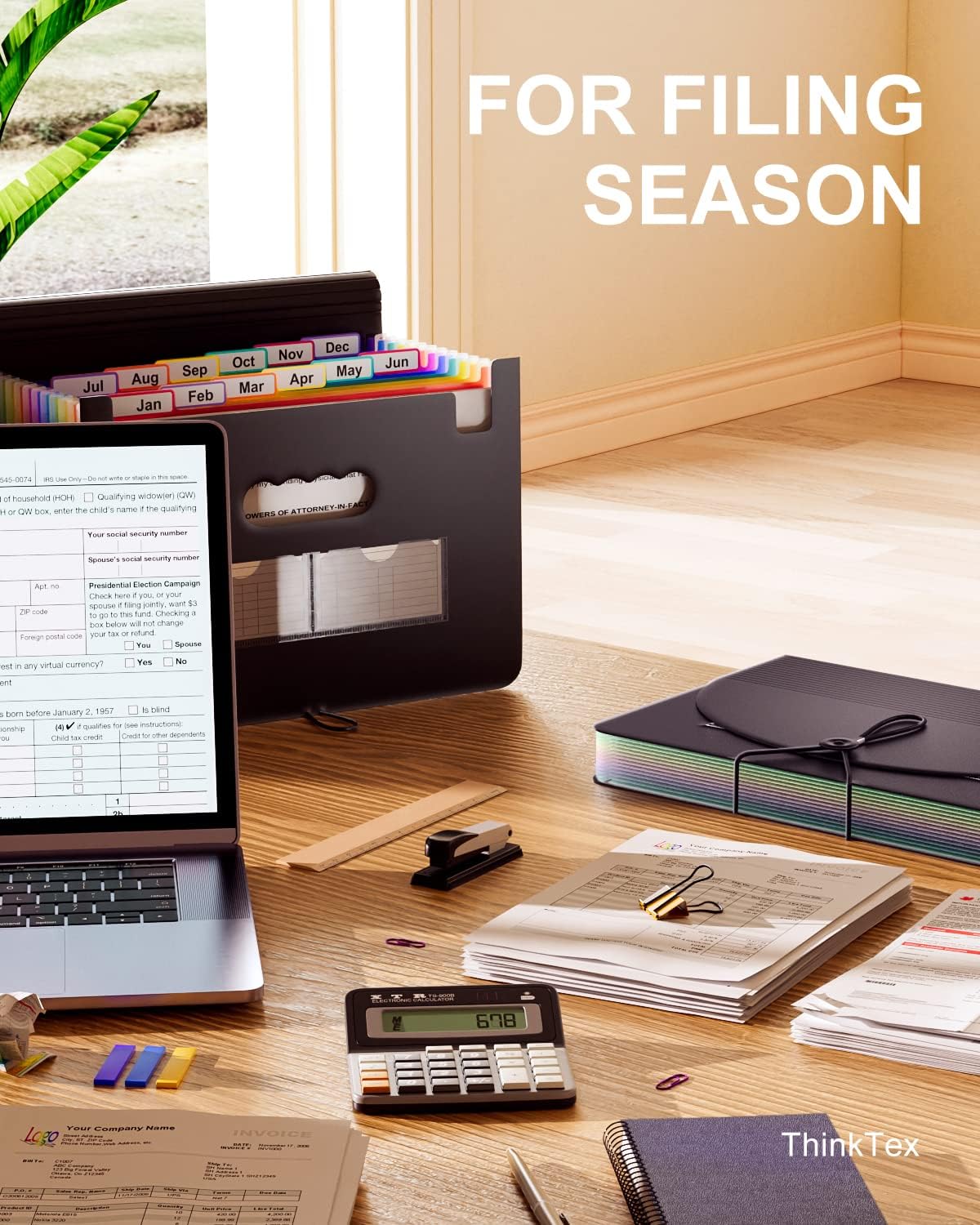 ThinkTex Expanding File Folder 12 Pockets Accordion File Organizer/Portable Expandable Plastic Filing Box, Accordion Bill/Paper/Document/Receipt Organizer Folders with Colored Tabs(A4/Letter Size)