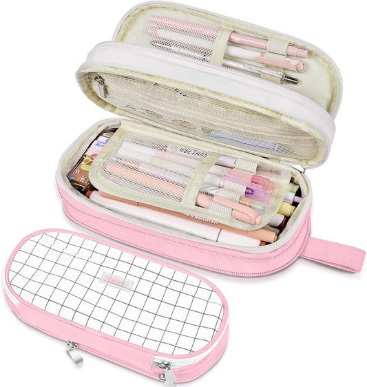 Sooez Large Pencil Case, Expandable Pencil Bag with 5 Compartments, Big Capacity Canvas Pencil Pouch Organizer with Zipper, Portable Stationery Pen Bag, Cute Aesthetic School Supplies For Teen Girls