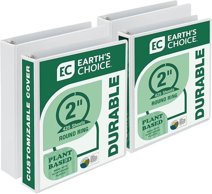 Samsill Earth’s Choice Biobased Durable 3 Ring View Binder, 2 Inch Round Ring, Up to 25% Plant Based Plastic, USDA Certified Biobased, Eco-Friendly, Customizable Cover, White, 4 Pack