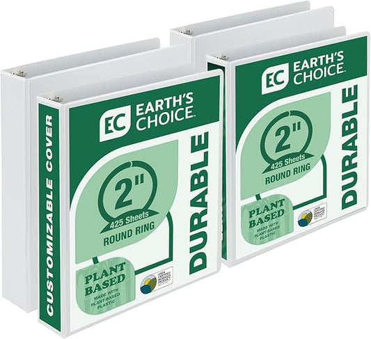 Samsill Earth’s Choice Biobased Durable 3 Ring View Binder, 2 Inch Round Ring, Up to 25% Plant Based Plastic, USDA Certified Biobased, Eco-Friendly, Customizable Cover, White, 4 Pack