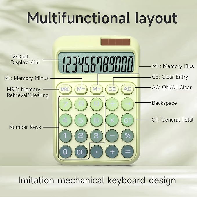 Desk Calculator,12 Digits, Large LCD Display,Big Buttons,Solar and Battery Dual Power Desktop Calculators,Cute and Aesthetic (Ombre Green, M)