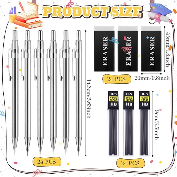 72 Pcs Operation Christmas Items 0.5mm Mechanical Pencils Bulk Set Include Metal Mechanical Pencil HB Lead Refills Erasers for Art Office Classroom Student Writing Drawing(Silver)