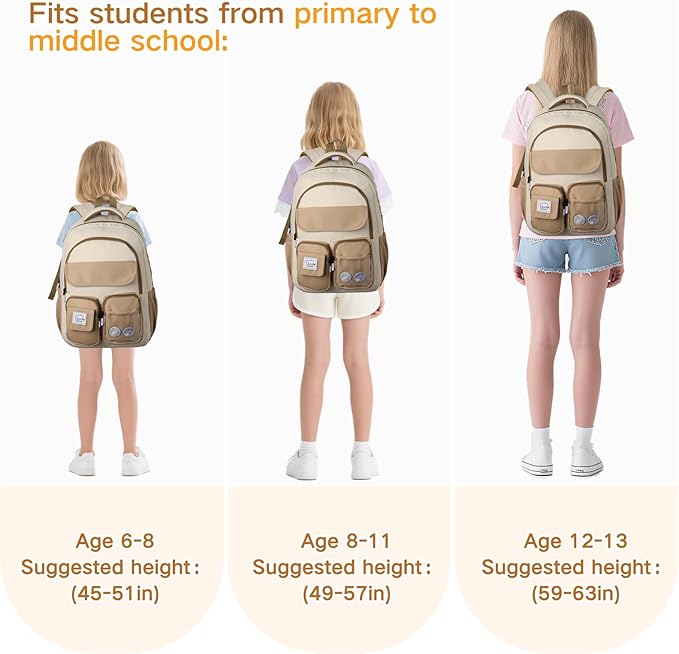 VASCHY Backpack for Girls, Cute School Bag Bookbag for Elementary Middle Schooler Teen Girls/Kids Travel with Clear Pin Pouch Khaki