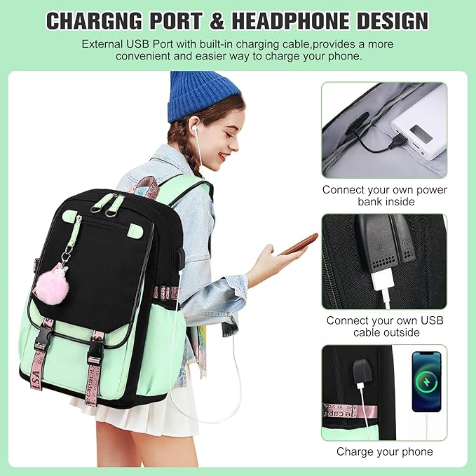 Bevalsa School Backpack for Girls, Backpack with Lunch Box & Pen Case, Bookbag for Girls Kids Elementary Middle High School Student 21L Children Schoolbag (Black Green)