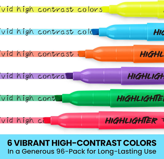 Taja 96 Pack Highlighters Bulk Assorted Bright Colors, 6 Colors Chisel Tip Highlighters Markers Set with No Bleed Ink, Perfect for School & Office Supplies