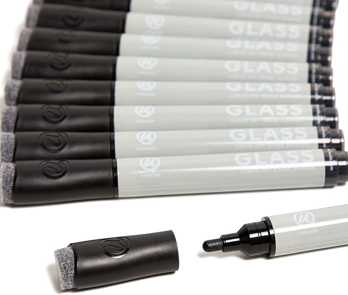 U Brands Bold Tip Liquid Glass Whiteboard Markers with Eraser for Glass Boards, Dry Erase Boards, and Chalk Boards, Black, Set of 12