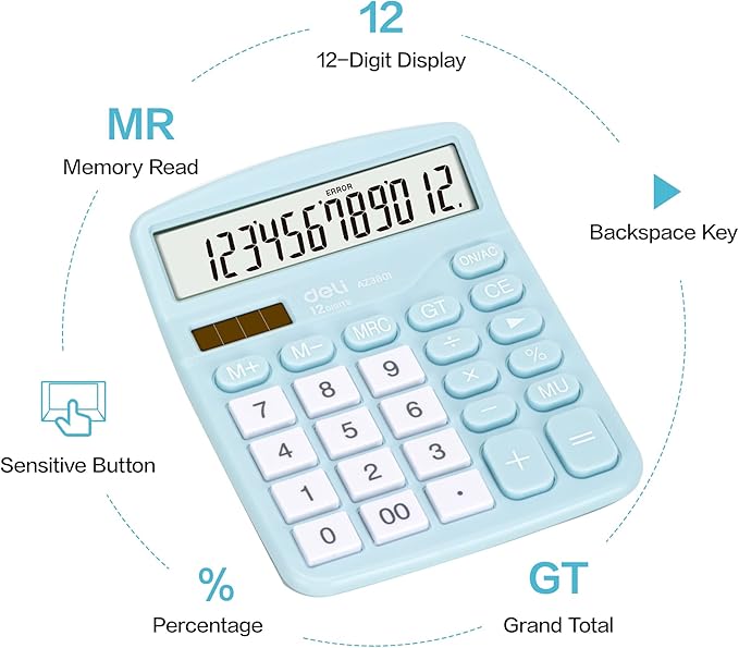 Calculator, Deli Standard Function Desktop Calculators with 12 Digit Large LCD Display and Sensitive Button, Solar Battery Dual Power Office Calculator, Blue
