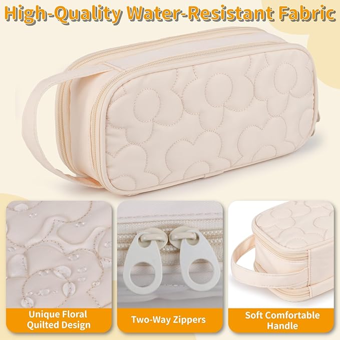 Pencil Case For Girls,Flower Quilted Large Capacity Pencil Pouch With 2 Compartment, Zipper Pencil Bag With Handle, Women Soft Pencil Box For Middle School Office College