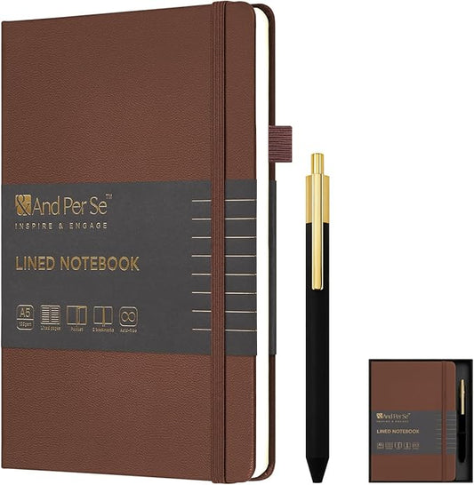 A5 Lined Leather Journal and Pen Set for Women&Men, Gift Box Included, Hardcover Notebook with 160 Pages 100GSM Thick Paper, for Work, Business, School or Home Writing(Brown)