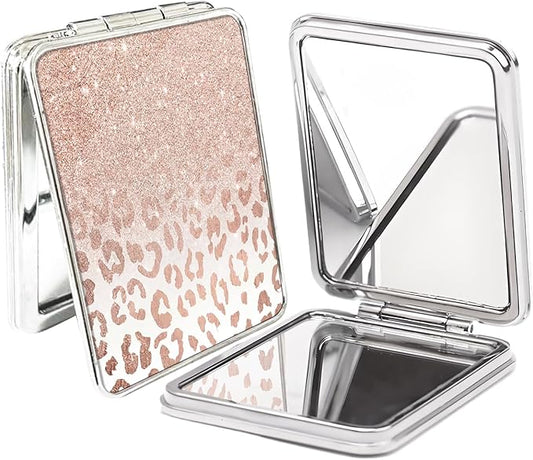 Compact Pocket Mirror, Cute Travel Mini Mirror with Magnification, Foldable Double-Sided Portable Cosmetic Mirror for Men, Women Glitter Rose Leopard