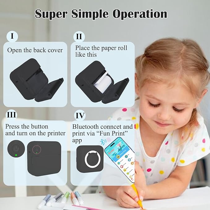 Mini Thermal Inkless Sticker Printer with 14 Rolls Paper, Compatible with iPhone/Android Phone/Tablet, Mini Pocket Printer for Photos/Stickers/Labels/Notes, Black