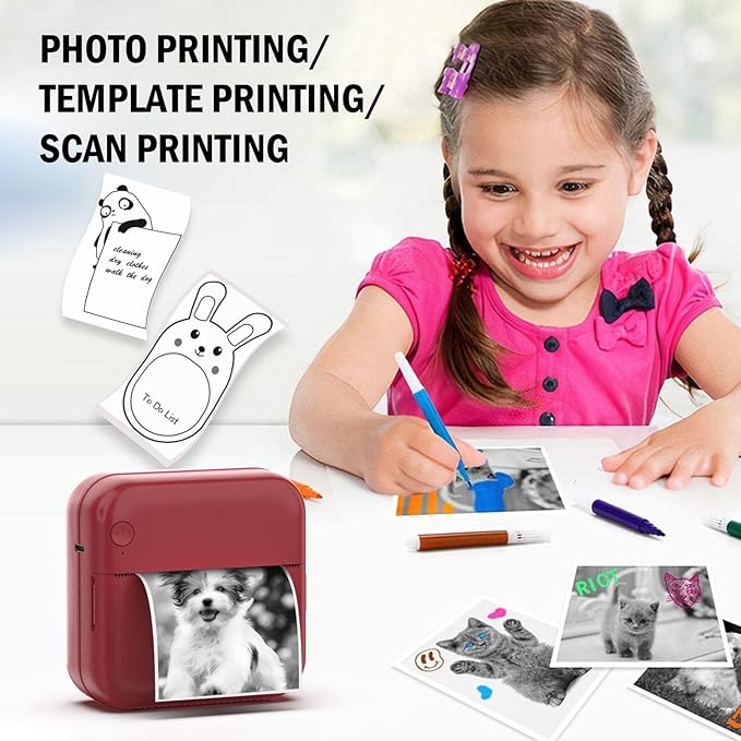 Mini Photo Printer - Portable Pocket Sticker Printers for iPhone Thermal Printer with 10 Rolls Thermal Paper for Photo, Memo, Journal - Dark Red