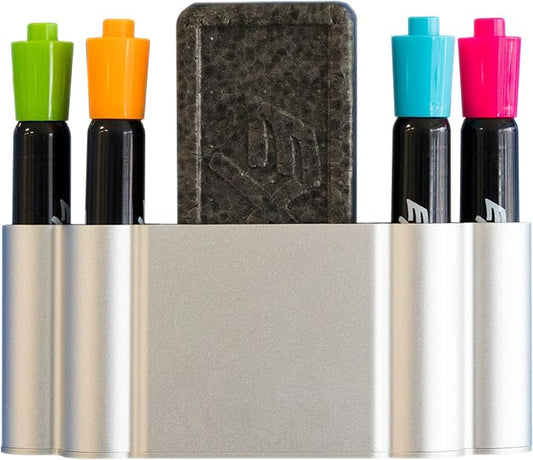 GLASSBOARD STUDIO Magnetic Dry Erase Marker Holder - Aluminum Organizer with Powerful Neodymium Magnets for Magnetic Glassboards, Whiteboards, Refrigerator, Locker - White Board Accessories & Storage
