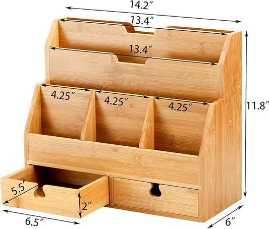 Youeon Bamboo Desk Mail Organizer with Drawers, Large Office Desk Organizer, Countertop Magazine File Holder, Desk Organizer and Sorter for File Letter Paper Office Supplies