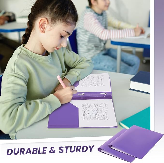 Lincia 100 Pcs Plastic Folders with Pockets and Prong Folders with Prongs Plastic Folders with 2 Pockets Pocket Folders for Office, School for Students, Teachers, Office Workers (Purple)
