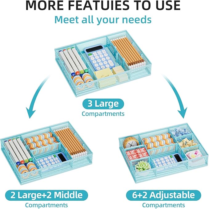 Marbrasse 2 Pack Desk Drawer Organizer, Mesh Drawer Organizer Tray with 8 Adjustable Compartments, Desk Organizers and Accessories, 5 Dividers Drawer for Office Supplies, Makeup & Vanity (Blue)