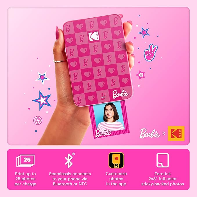 KODAK x Barbie Instant Smartphone Barbie Photo Printer - Portable, Color, Wireless - Zink 2x3” Sticky-Back Photos - Print from iOS & Android Devices with Fun Editing App - Iconic Style