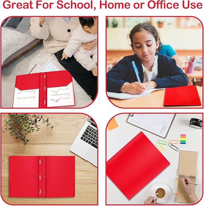 ViVin 12-Pack Sturdy Plastic Folders with Pockets, 2-Pocket Poly File, Plastic Folders with 3 Prongs Fasteners, fits 8.5 * 11 Letter Size Sheets, for School/Home/Office (Red)