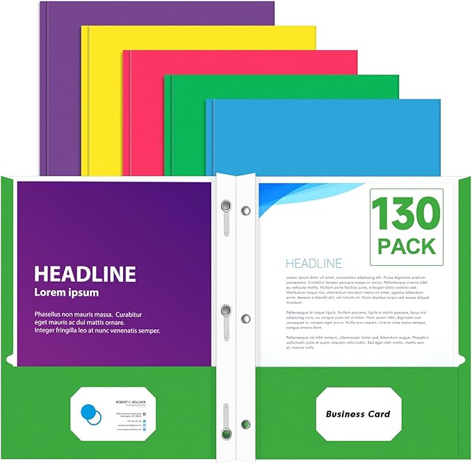 Two Pocket Folders, PANDRI 130 Pack Two Pocket Folders with Prongs, 2 Pocket 3 Prong Folders Designed for Office and Classroom, Letter Size, Assorted 5 Colors