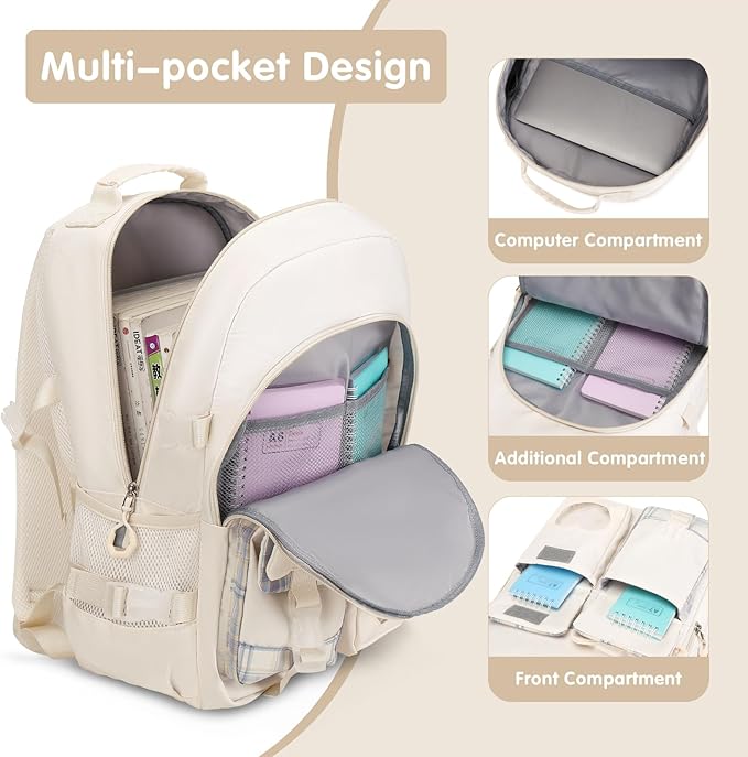 Backpack for Girls - Bookbag Backpacks Schoolbag for Girls Kids Teen Women Casual Travel Daypacks - School Bag Elementary Middle School College Cute Backpack with Lunch Box (Beige)