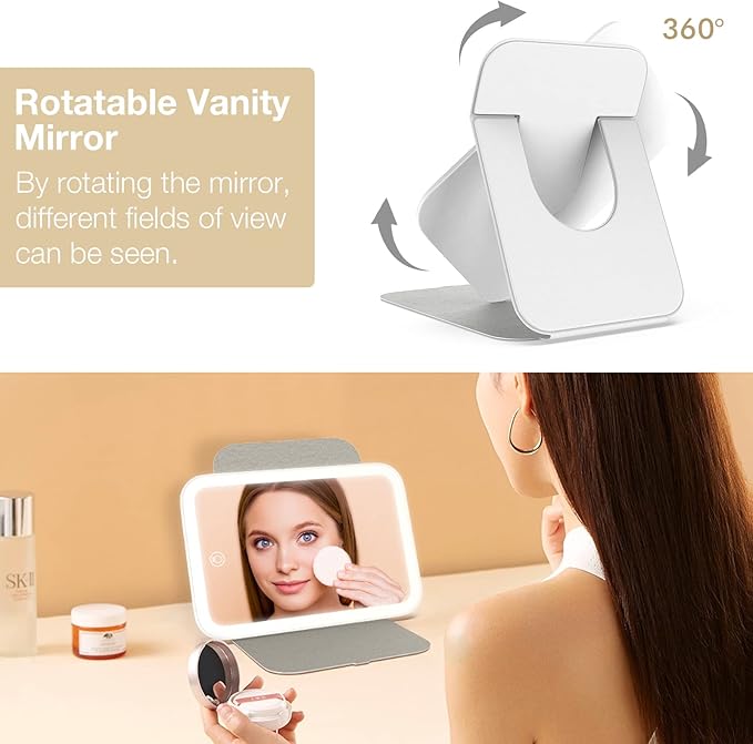 Kintion Travel Makeup Mirror, Portable LED Lighted Makeup Mirror, 360° Rotation Touch Screen Vanity Mirror, 60 LEDs, 3-Color Dimmable Lighting, Rechargeable Tabletop Folding Cosmetic Mirror, White