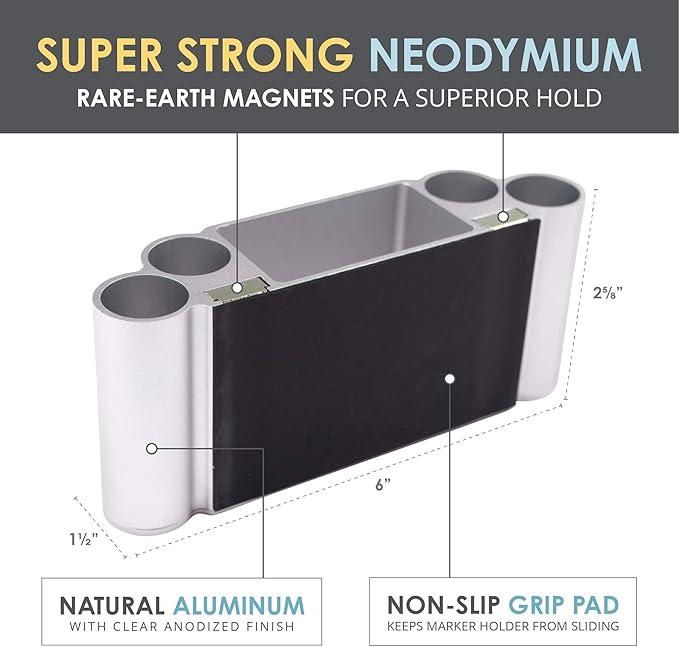 GLASSBOARD STUDIO Magnetic Dry Erase Marker Holder - Aluminum Organizer with Powerful Neodymium Magnets for Magnetic Glassboards, Whiteboards, Refrigerator, Locker - White Board Accessories & Storage