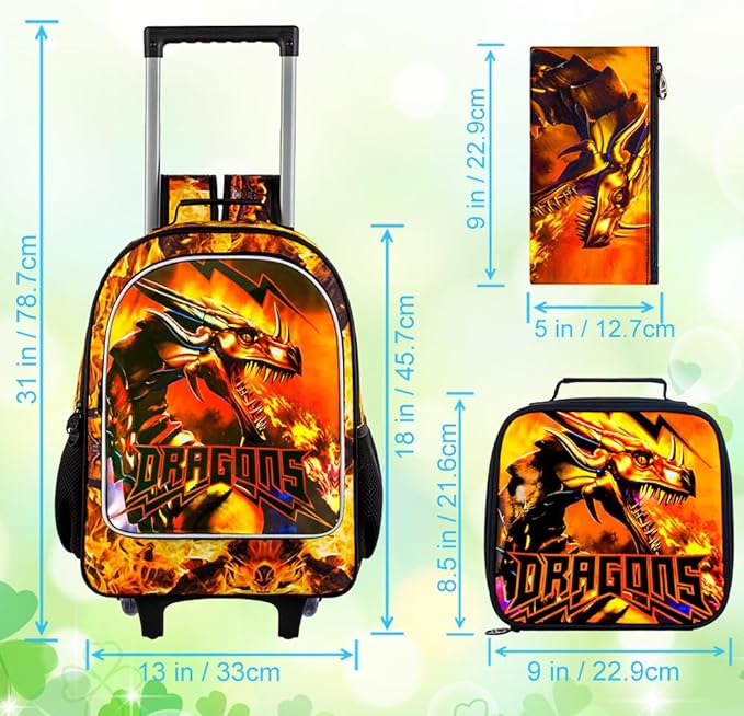 3Pcs Dragon Rolling Backpack for Boys, Kids School Backpacks with Wheels, Roller Bookbag with Lunch Box for Elementary Preschool(Orange)