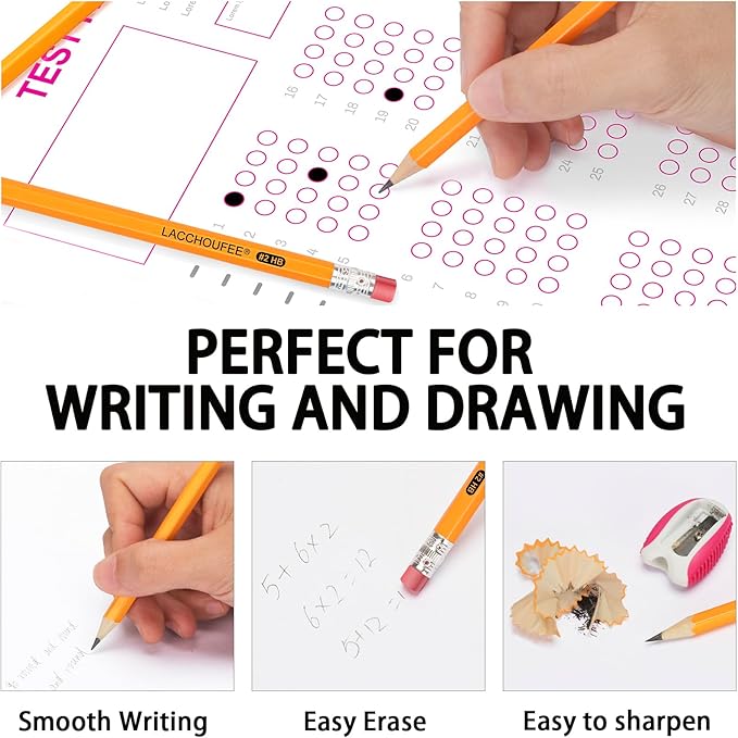 LACCHOUFEE 50 Pack #2 Pre-Sharpened Pencils With Eraser Top, 2 HB for Writing Drawing, Yellow Wood-Cased in Bulk for Office, School, Teacher and Classroom Supplies