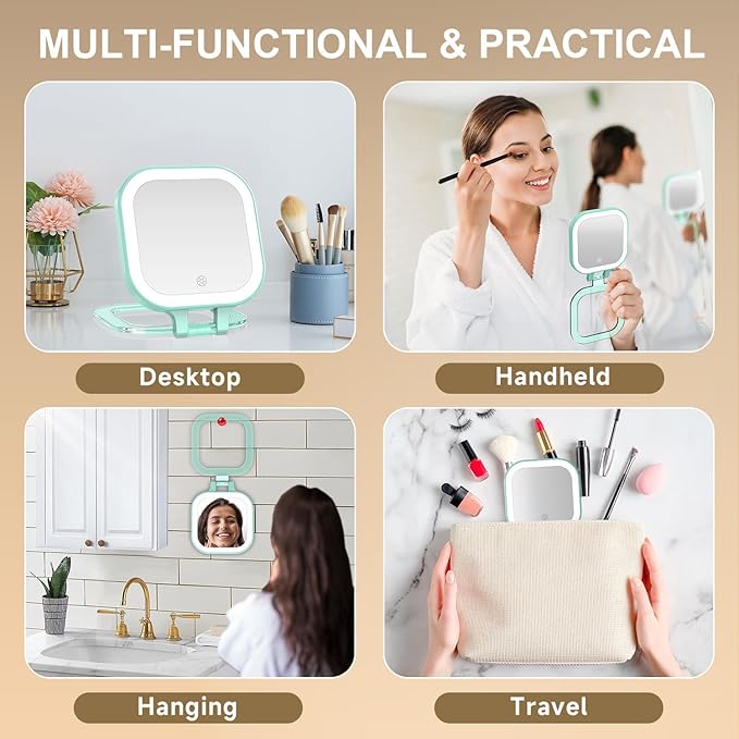 Mocado Compact Travel Makeup Mirror, 1X/30X Magnifying Mirror with Light, Double Sides Compact Mirror with 3 Color Light, Dimmable Handheld Mirror, Rechargeable Travel for Purse,Pocket(Green)