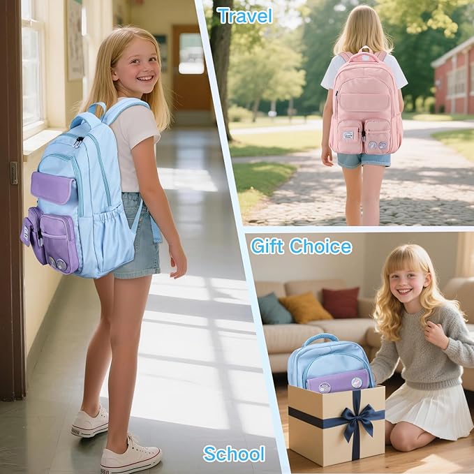 VASCHY Backpack for Girls, Cute School Bag Bookbag for Elementary Middle Schooler Teen Girls/Kids Travel with Clear Pin Pouch Sky Blue