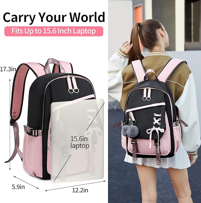 Teenage Girls Bookbag School Backpack Children Casual Daypack Schoolbag for Teens Black Pink