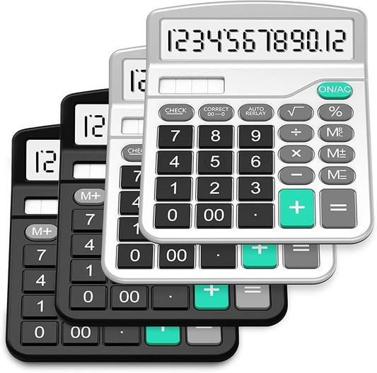 Calculator, Splaks 4 Pack Standard Functional Desktop Calculator Solar and AA Battery Dual Power Electronic Calculator with 12-Digit Large Display (2 Basic Black& 2 Updated Silver)