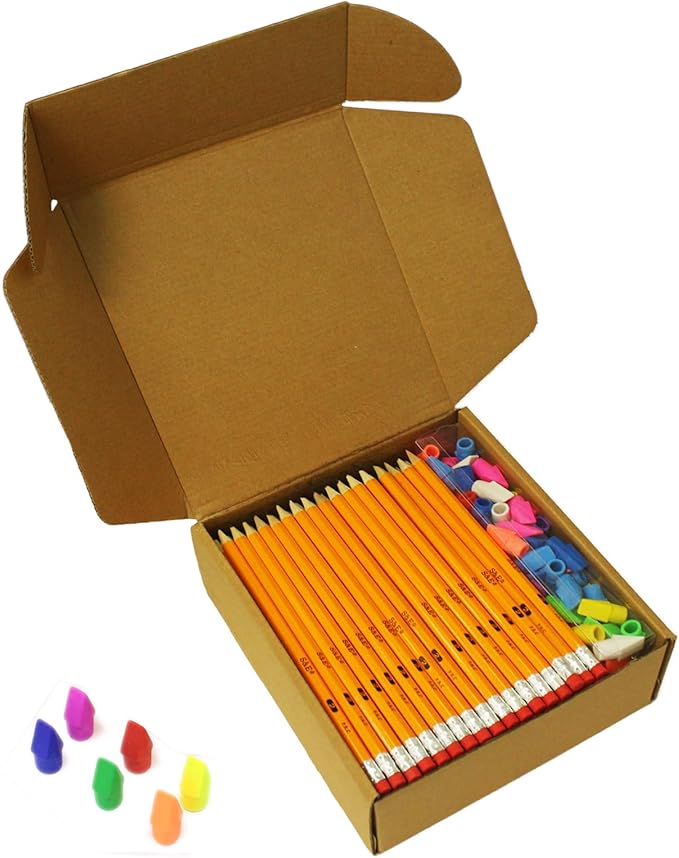 S & E TEACHER'S EDITION 220Pcs Pencils & Erasers Tops Set, 172 Pcs Pre-sharpened pencils No. 2, with 48Pcs Eraser Caps, #2 HB pencil sharpened, Back to school, 220/Box.