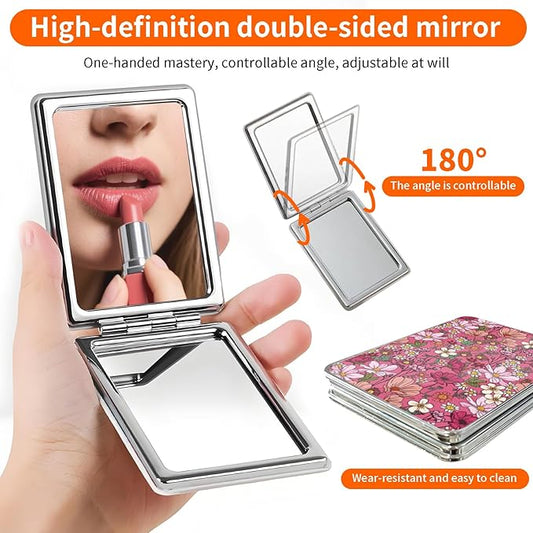 Compact Pocket Mirror, Cute Travel Mini Mirror with Magnification, Foldable Double-Sided Portable Cosmetic Mirror for Men, Women Pink Cute Flower