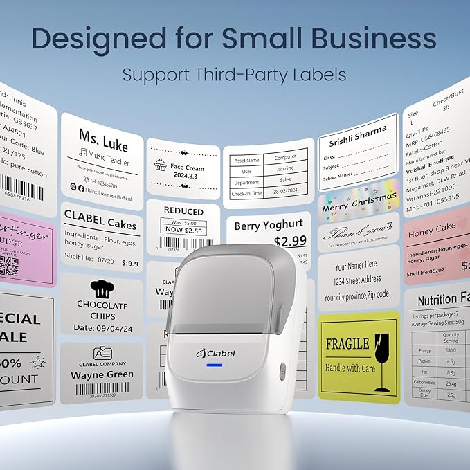 CLABEL Thermal Label Maker Machine: 221B Bluetooth Label Printer Mini Sticker Barcode Printer Inkless Label Maker Compatible with Clothing Price Labeling with 1 Roll of 50x30mm Label(Gray White)