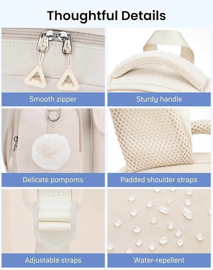 Teen Girls Backpack for School, Multi-pocket Aesthetic Middle School Book Bag College Travel Back Pack Kid Casual Laptop Backpack for Women (Beige)