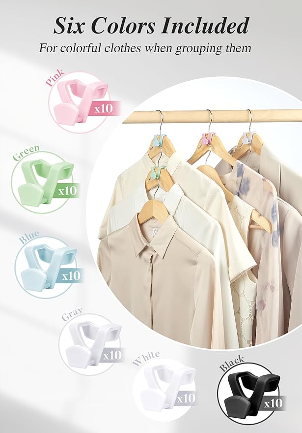 HOUSE DAY Closet Organizers and Storage 60 Pack, Space Saving Hanger, College Dorm Essentials for Girls, Multicolored Clothes Hangers Connectors, Dorm Rooms Space Saver Multicolored