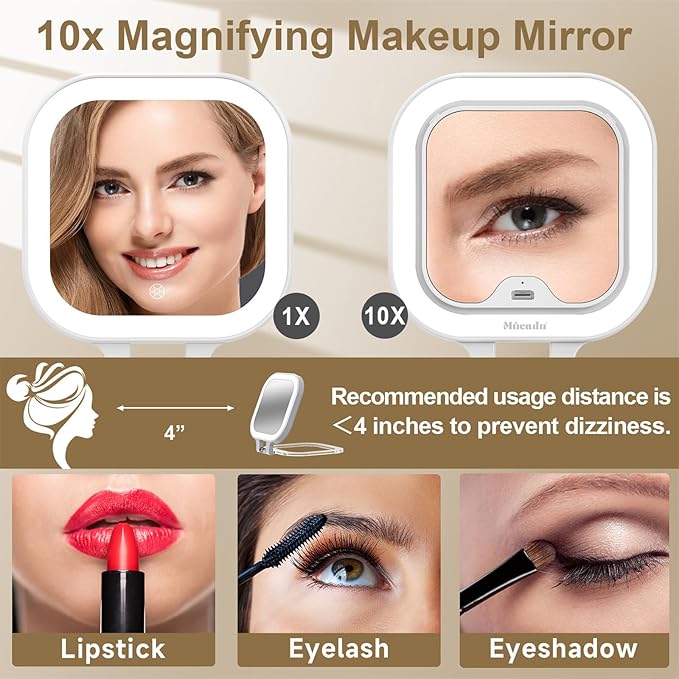 Mocado Compact Travel Makeup Mirror, 1X/10X Magnifying Mirror with Light, Double Sides Compact Mirror with 3 Color Light, Dimmable Handheld Mirror, Rechargeable Travel for Purse,Pocket(White)