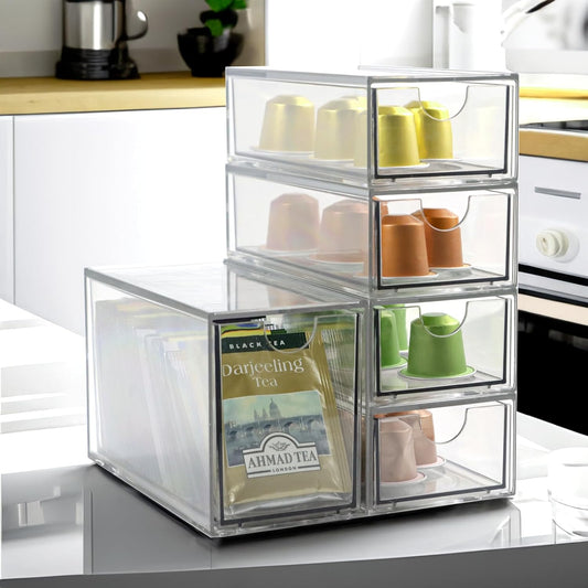 Acrylic Makeup Organizer, Clear Storage Organizer Desktop Stackable Storage Drawers, Plastic Organizer Bins for Makeup, Stationery, Cosmetics, Vanity, Bathroom,Cabinet,Pantry Office Desk (5 Drawers)