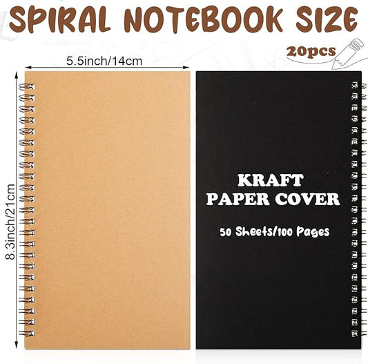 Eersida 20 Pack A5 Spiral Notebook College Ruled Spiral Notebook Bulk 5.5 x 8.3 Inch Hardcover Notepads Lined Travel Writing Journal Notepad, 50 Sheets 100 Pages(Black, Kraft)