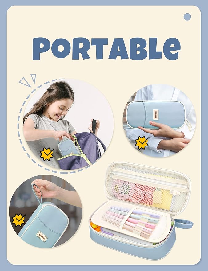 SUNEE Cute Pencil Case, Aesthetic Pen Pouch, Colored Large Pencil Bag with Zipper, Kawaii Stationery Storage and Organizer, School Supplies for Teen and Adult Girls, Blue