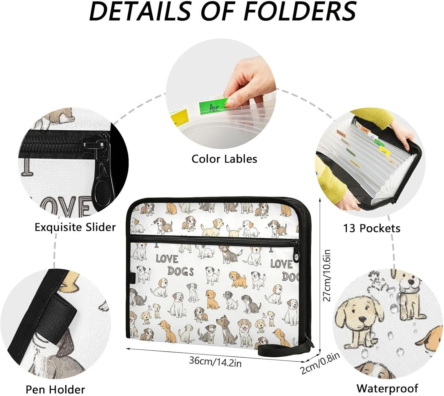 Gredecor Adorable Dogs and Bone Expanding File Folder 13 Pockets Puppy Aniamals Expandable Filing Folders Accordion Document Files Organizer for A4 Letter Size Paper