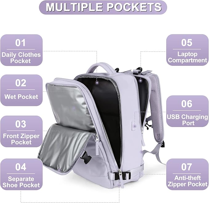 Carry On Backpack Personal Item Travel Backpack For Women Airline/Flight Approved Waterproof Sports Luggage Casual Daypack Small Hiking Backpack Purple