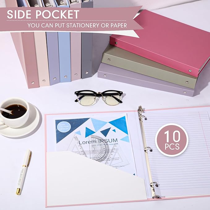Ctosree 10 Pack Colored 3 Ring Binder with 2 Pockets Hardcover Loose Leaf Binder for Women Men Teacher Student School Office Home Supplies, Fits 11 x 8.5 Size Paper, 10 Colors(0.5",Sweet Color)