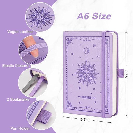 EMSHOI A6 Pocket Notebook for Women Men - 3.7x5.7 Mini Lined Journal, 100GSM Thick 160 Numbered Pages Memo Notepad, Leather Hardcover Small Notebook for Work School Travel Writing - Light Purple