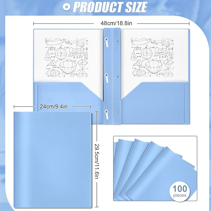 Lincia 100 Pcs Plastic Folders with Pockets and Prong Folders with Prongs 2 Pockets for Office, School for Students, Teachers, Office Workers (Haze Blue)